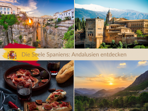 Postkartenmotiv Andalusien: Vier Bilder von Bergen, Granada, spanischen Tapas, Text: Andalusien: Spaniens Seele entdecken