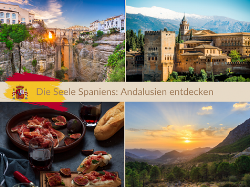 Andalusien Urlaub ab Erfurt Urlaub Spanien Thürismo REISEBÜRO Wache Erfurt Postkartenmotiv Andalusien: Vier Bilder von Bergen, Granada, spanischen Tapas, Text: Andalusien: Spaniens Seele entdecken