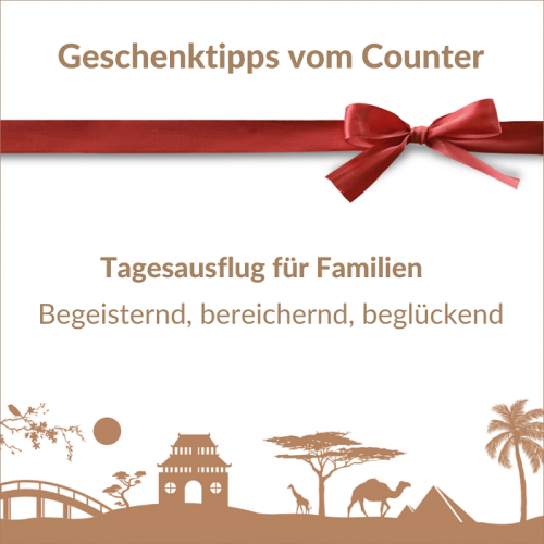 Symbolbild Weihnachtsgeschenke 2022, zu sehen: Silhouette Urlaubsländer, rote Schleife, Text: Geschenktipps vom Counter, Tagesausflug für Familien - begeisternd, bereichernd, beglückend