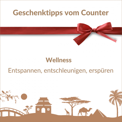 Erfurt REISEBÜRO Wache Weihnachtsgeschenke 2022 Wellness Urlaub Reisen Verschenken Symbolbild Weihnachtsgeschenke 2022 REISEBÜRO Wache Erfurt: Text Wellness: entspannen, entschleunigen, erspüren, Geschenktipps vom Counter, Schleife, Silhouette mit Reisezielen