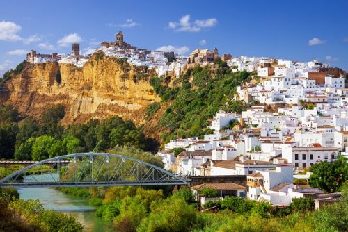 Weißes Dorf in Andalusien: Blick auf Arcos de la Frontera auf Sandsteinen erbaut, mit weißen Häusern, im Vordergrund grüne Sträucher