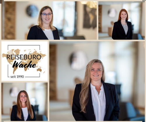 REISEBÜRO Wache - TEC Erfurt: Collage mit Portraits von vier Reisebüro-Mitarbeiterinnen und dem Logo von REISEBÜRO Wache
