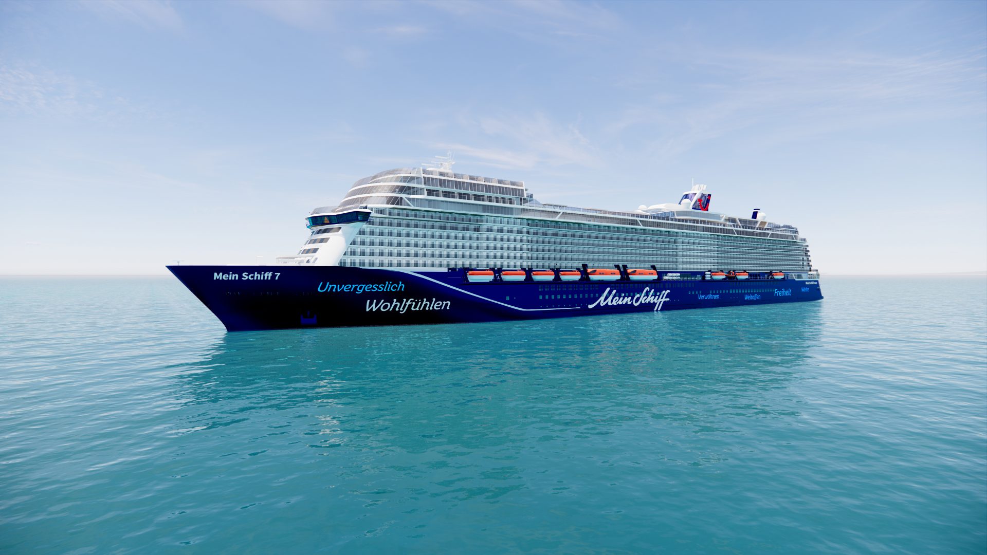 Erfurt Reisebuero Wache Kreuzfahrt Meinschiff Buchen Mein Schiff 7 buchen, Erfurt, REISEBÜRO Wache; Ansicht des Schiffs Mein Schiff 7, blauer und schwarzer Schiffsrumpf mit Schriftzügen von Mein Schiff, darüber weiße Etagen mit Kabinen und öffentlichem Bereich