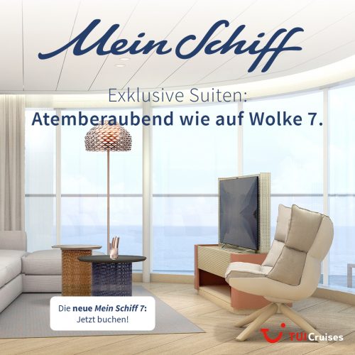 Erfurt Reisebuero Wache Mein Schiff 7 Buchen Mein Schiff 7 buchen bei REISEBÜRO Wache Erfurt: zu sehen: Innenkabine mit großer geschwungener Fensterwand, Flatscreen und gemütlichem Sessel in Beige: Text auf Bild: Mein Schiff. Exklusive Suiten: Atemberaubend wie auf Wolke 7