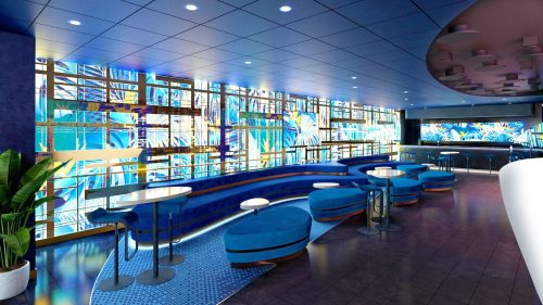 Mein Schiff 7 buchen bei REISEBÜRO Wache Erfurt: zu sehen die neue rauchfreie Tanzbar mit blau durchscheinenden Glaswänden und blauer Sitzecke auf Mein Schiff 7