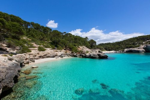Menorca Urlaub buchen bei REISEBÜRO Wache; im Bild: Die Cala blanca - weißer Strand - von Menorca, vorn türkisfarbenes Wasser bis hin zum weißen Strand, über dem sich sanft grün bewachsenes Gestein erhebt.