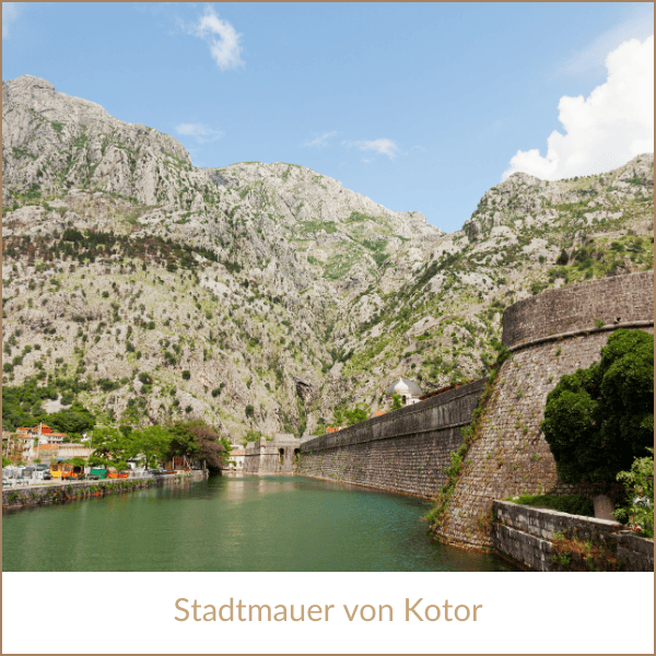 Geheimtipp Montenegro entdecken ab Erfurt, bei REISEBÜRO Wache; im Bild als Text: Die Bucht von Kotor, zu sehen ist die historische Stadtmauer von Kotor direkt am grünen Wasser, im Hintergrund schroffe, beigefarbene Berge