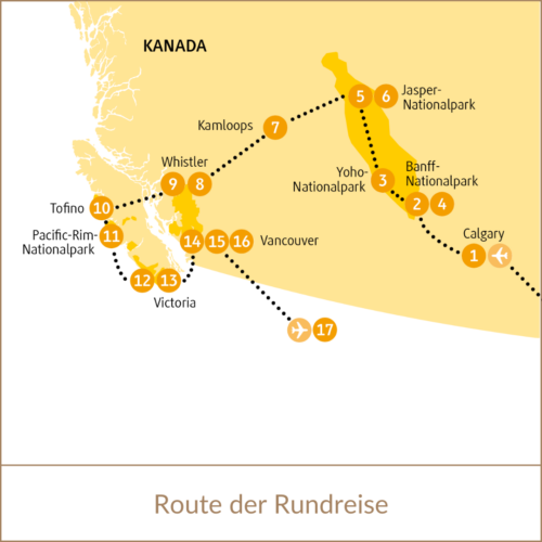 Kanada Rundreise buchen bei REISEBÜRO Wache; im Bild: die Route der Rundreise von Calgary nach Vancouver, u.a. mit Stationen in den Nationalparks Banff-, Jasper- und Pacific-Rim.