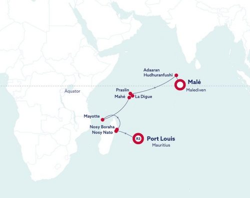 kreuzfahrt mauritius buchen, seychellen, malediven bei reisebuero wache, erfurt; im Bild: Kartenauschnitt mit der Route von Madagaskar zu den Malediven