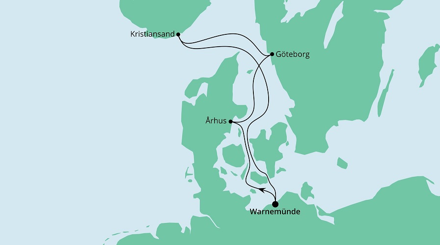 Schnupperkreuzfahrt mit AIDA 2023, REISEBÜRO Wache Erfurt: Routenplan der Kurzreise nach Skandinavien: Warnemünde -Aarhus - Göteborg - Kristiansand